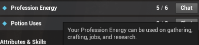 Current amount of Profession Energy, as it appears within Roleplay Redux. It's a typical field of the Roleplay Redux panel under the Stats section, with the text showing Profession Energy, and the amount at 5/6.