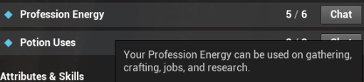 Current amount of Profession Energy, as it appears within Roleplay Redux. It's a typical field of the Roleplay Redux panel under the Stats section, with the text showing Profession Energy, and the amount at 5/6.
